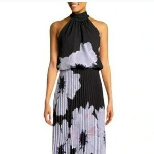 BETSY & ADAM BLACK FLORAL CHIFFON HALTER DRESS SZ 8  FORMAL ELEGANT WEDDING